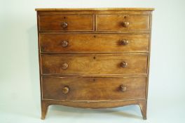 A 19th century chest of two short and three long drawers with splayed feet and turned handles, 102.