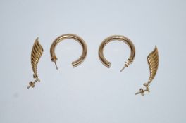 A pair of 9ct gold plain hoop earrings; with a pair of 9ct gold drop earrings; 4.