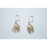 A pair of continental filigree drop earrings, stamped '14K' to the wires, 3.