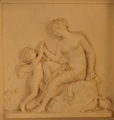 A terracotta plaque moulded in relief with a scene of Psyche and Cupid, with a painted wooden frame,