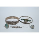 Various silver jewellery including a modern textured 'buckle' bangle, Birmingham 1971,