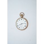 Anonymous, a 9 carat gold open faced pocket watch, the white enamel dial with black Roman numerals,