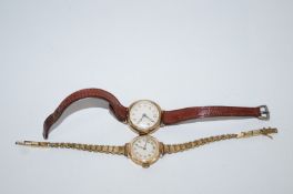 Two ladies 9ct gold wrist watches, one on a gold plated bracelet,