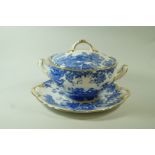 A Royal Crown Derby sauce tureen, cover and stand, printed in blue with the "Blue Aves" pattern,