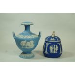 A  mid 19th century Wedgwood dipped jasperware two handled vase,