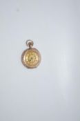 A Swiss 9ct gold and coloured enamel open face fob watch with a keyless cylinder movement,