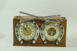 A Smith's table clock and barometer, with chrome mounted horse shoe and polo stick mounts,