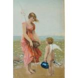 English School
Cupid and a lady on the shore 
Over painted print
13.5cm x 9.