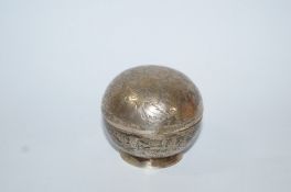 A Chinese export silver soap box and cover, stamped character marks, of compressed spherical shape,
