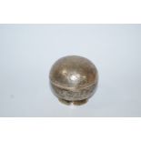 A Chinese export silver soap box and cover, stamped character marks, of compressed spherical shape,