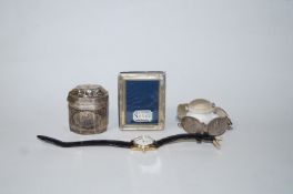 A 19th century Dutch silver box; a silver Scenes of London bracelet;