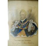 Two prints of William IV and the Duchess of Kent, hand painted in ebonised frames,