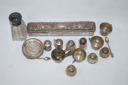 A silver topped toilet box; a continental mounted glass cent bottle;