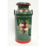 A bargeware milk churn, painted with flowers by Alison Cockerell, on a green ground,