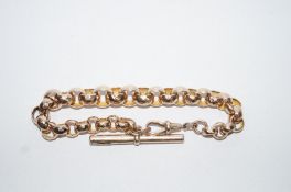 A bracelet of facetted belcher links with a T bar and swivel clasp, 22cm long,