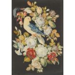 A Victorian woolwork panel, depicting a parrot amongst flowers on a linen brown ground, 84cm x 64cm,