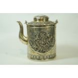 A Chinese white metal tea pot, stamped with character marks,