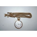 A fob watch, stamped '18K' with a metal cuvette; on a watch chain tagged 'JM 9c',