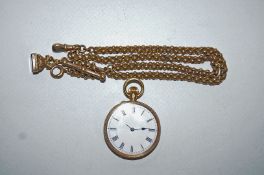 A fob watch, stamped '18K' with a metal cuvette; on a watch chain tagged 'JM 9c',