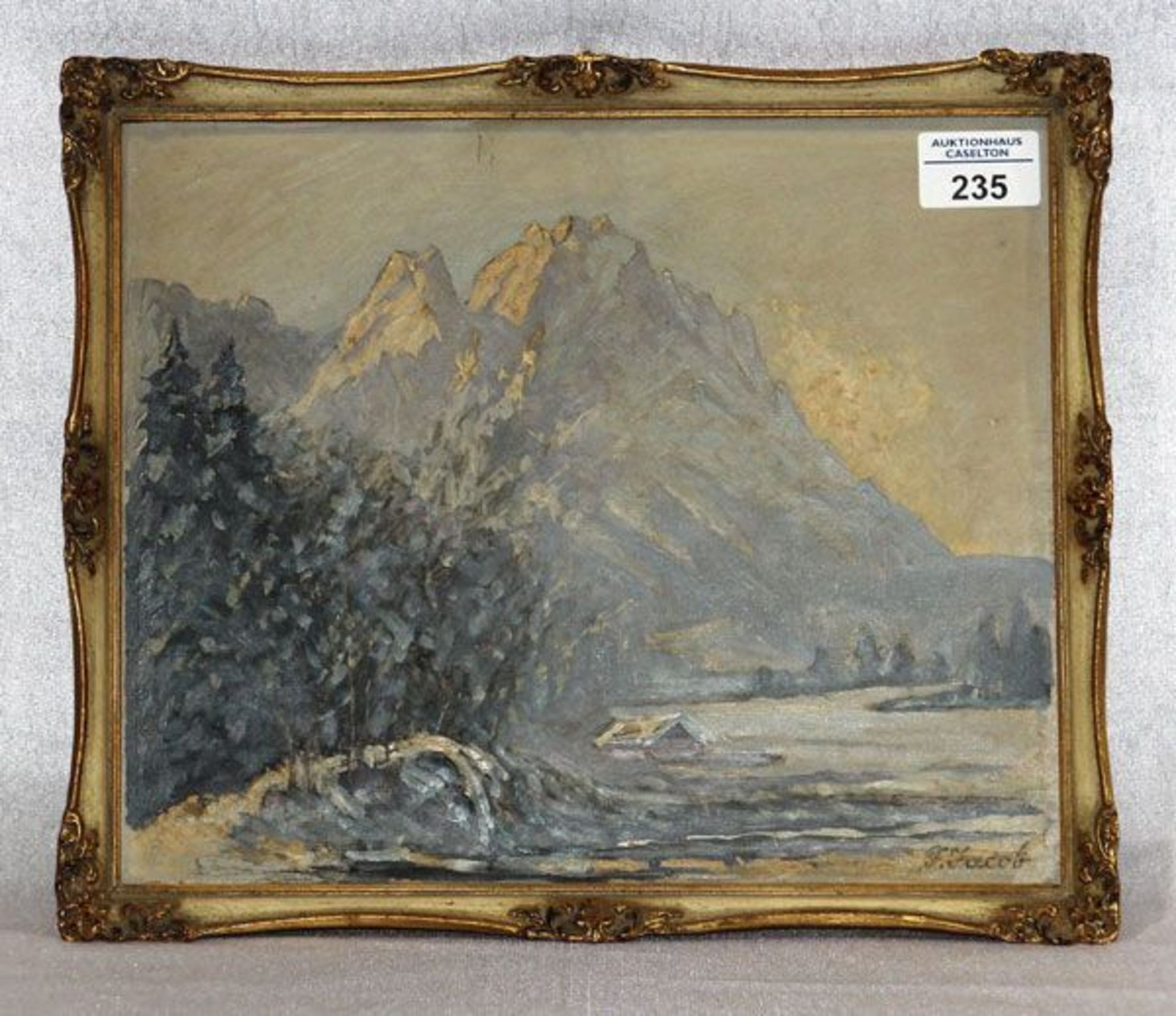 Gemälde ÖL/Hartfaser 'Blick aufs Wettersteingebirge im Winter', signiert F. Jacob, stillvolle