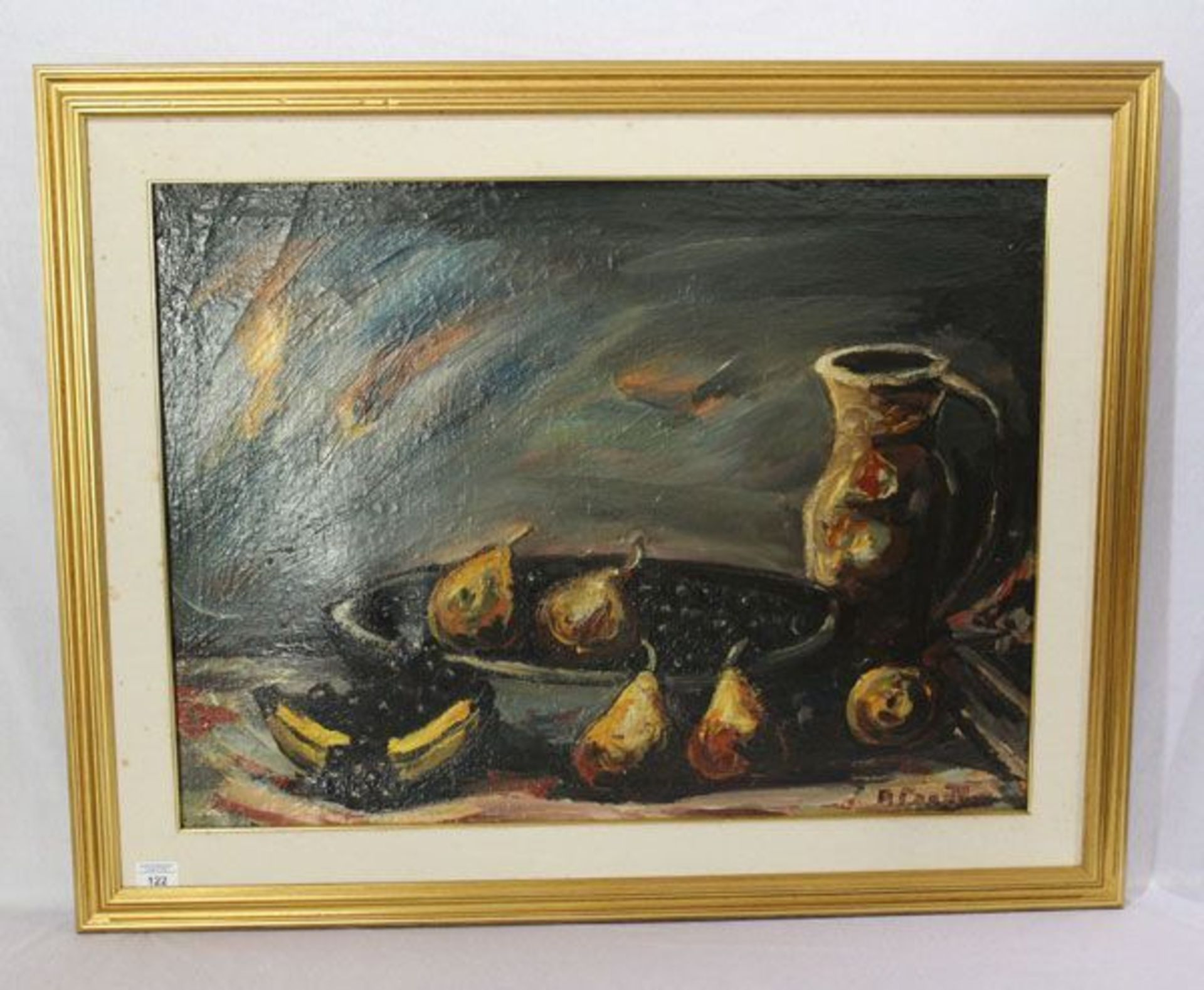 Gemälde ÖL/LW 'Obststilleben mit Schale und Krug', undeutlich signiert, gerahmt,
