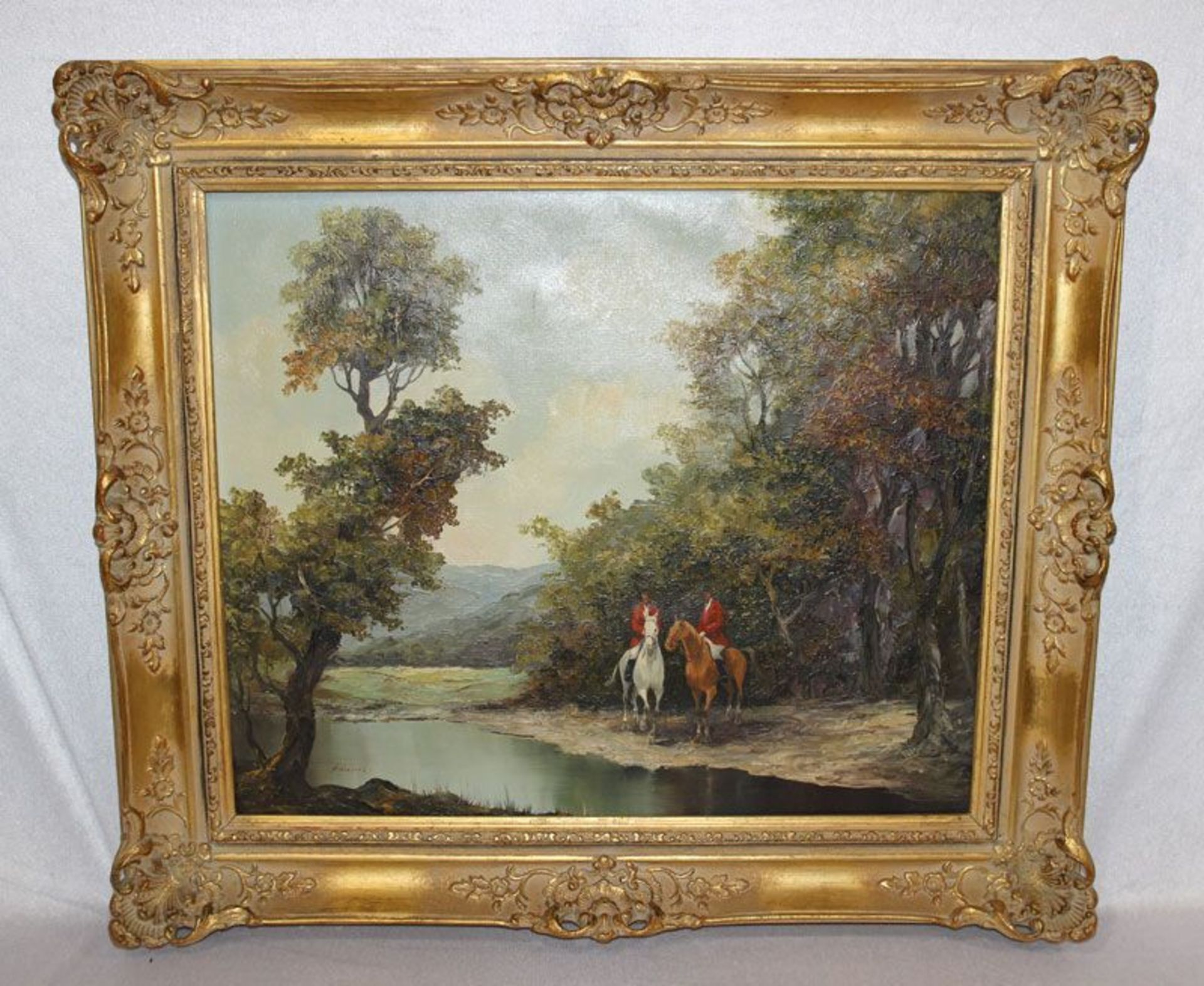 Gemälde ÖL/LW 'Flußlandschaft mit 2 Reitern', signiert Adams, stilvolle Rahmung, LW beschädigt,