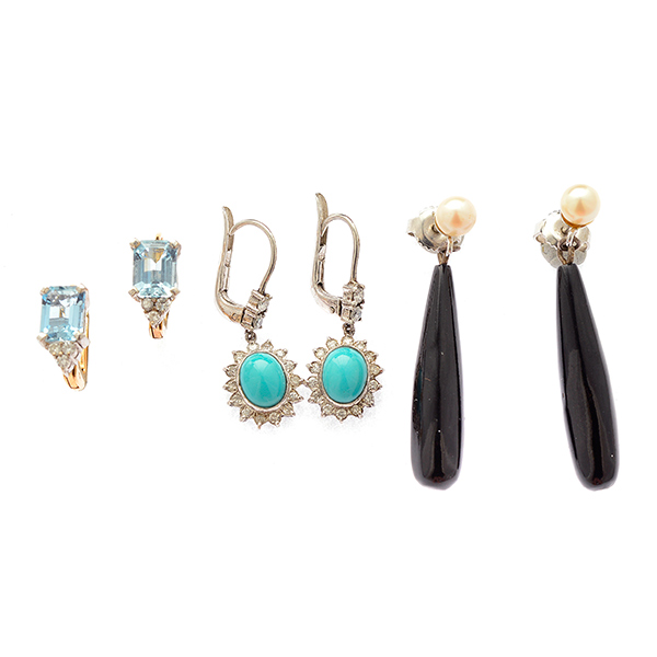 Collection of Multi-Stone, Diamond, Yellow and White Gold Earrings. Including one pair of turquoise,