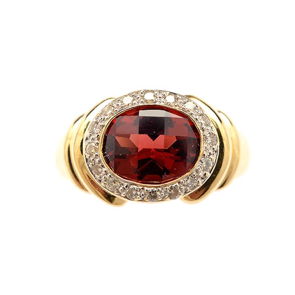 Garnet, Diamond, 14k Yellow Gold Ring. Centering one oval-cut faceted-topped garnet measuring - Image 2 of 4