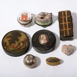 Collection of Eight Snuff or Pill Boxes: Comprising a tortoise shell box mounted with shell cameo of