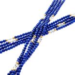 Lapis Lazuli, Rock Crystal Quartz, 14k Yellow Gold Necklace. Composed of approximately six hundred