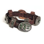 Native American Indian Sterling Concha Belt, signed A. Payton, featuring a buckle with seven green