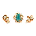 Cultured Pearl, Turquoise, Diamond, 14k Yellow Gold Jewelry Suite. Including one turquoise, cultured