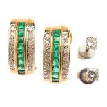 Collection of Two Pairs of Emerald, Diamond, 14k Gold Earrings. Including one pair of diamond, 14k
