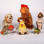 Lot of Vintage Lithographed Tin and Stuffed Mechanical Toys: Including a German Kohler frog; a