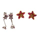 Collection of Two Ruby, Diamond, 14k Gold Earrings and Jackets. Including one pair of ruby, diamond,