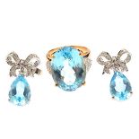 Collection of Two Blue Topaz, Diamond, 14k Yellow Gold Jewelry Items. Including one oval-cut blue