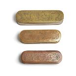 Three Dutch Brass Tobacco Containers, One with figural Biblical decoration and inscriptions, two