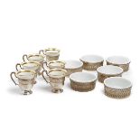 Six Whiting Sterling Silver Demitasse Cup Liners with Lenox Inserts, and Six Feldenheimer Sterling