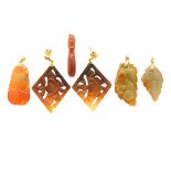 Collection of Jade, Serpentine, Yellow Gold Jewelry Items. Including one pair of carved serpentine