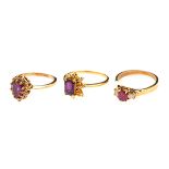 Collection of Three Sapphire, Ruby, Diamond, 14k Yellow Gold Rings. Including one pear-cut sapphire,