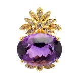 Amethyst, Diamond, 14k Yellow Gold Pendant Enhancer. Centering one oval-cut amethyst weighing