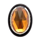 Pietra Di Luna Citrine, Diamond, Black Onyx, 18k White Gold Pendant. Centering one faceted top