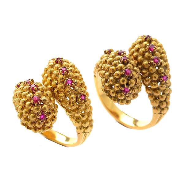 Collection of Two Ruby, 18k Yellow Gold Rings. Including two matching round-cut ruby, 18k yellow