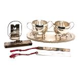 Moss Sterling Silver Creamer & Sugar with Tray, together with a pair of Shreve sterling personalized