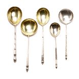 Five Russian 84 Standard Fig Shaped Silver Spoons, four with engraved designs {Total silver weight