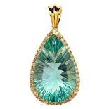 Fluorite, Diamond, 14k Yellow Gold Pendant. Featuring one pear-cut fluorite weighing approximately
