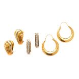 Collection of Three Pairs of Diamond, Yellow Gold Earrings. Including one pair of diamond, 14k