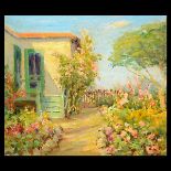 CALIFORNIA IMPRESSIONIST (20th century) "Cottage with Flowers" Oil painting on masonite. 12 x 14