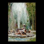 EUROPEAN SCHOOL  (20th century)  "Putti at Fountain"  Oil on panel. 7 1/8 x 5 1/4 inches; Framed: 12