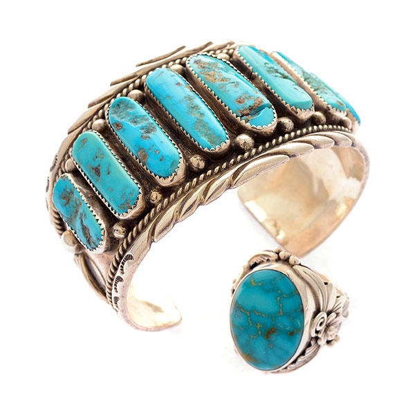 Native American Turquoise, Silver Jewelry Suite. Including one silver turquoise cuff bracelet